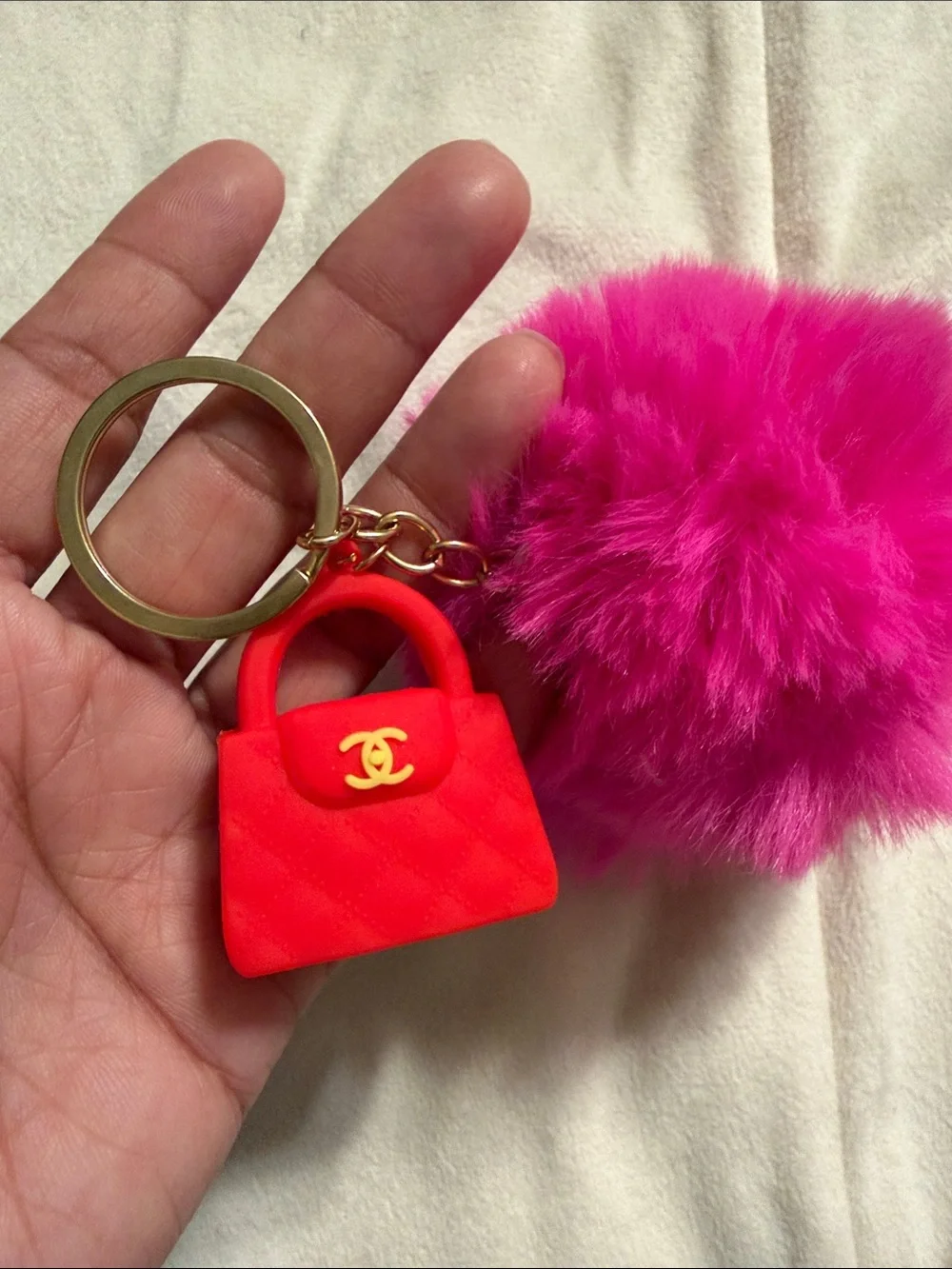 Fuchsia Fur Pom Pom Key Ring with Red Mini Bag Charm